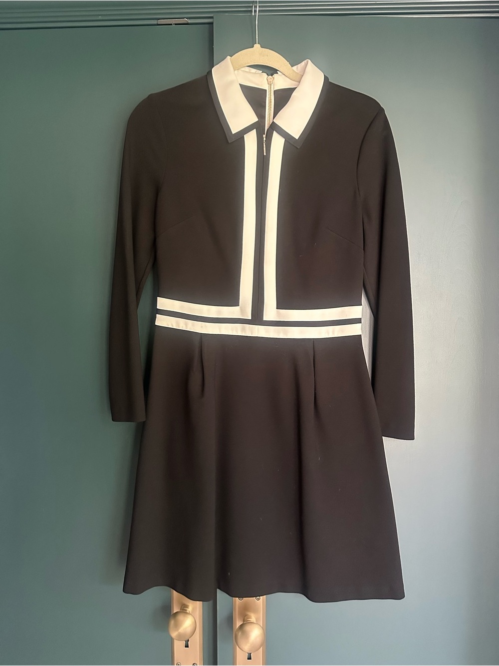 Ted Baker Black and White Collared Long-Sleeve Fit & Flare Dress